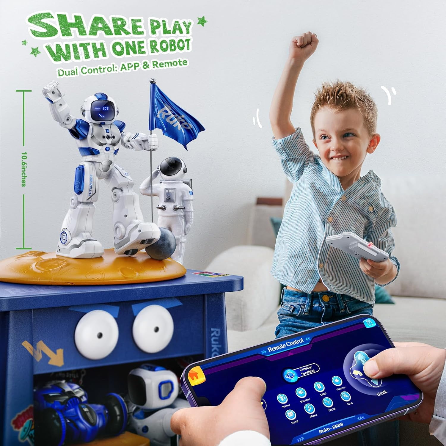 Ruko 6088 Programmable Robot with Gesture, Remote & APP Control, Rechargeable Robots Toys for Boys and Girls, Interactive LED Faces, Q&A Games, Gift for Kids 3–6, Blue