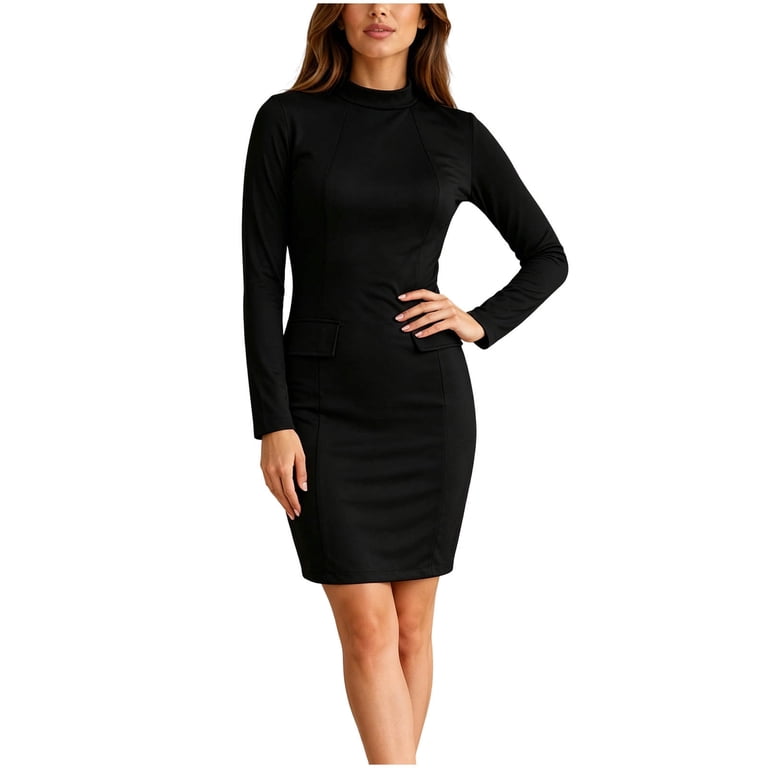 bodycon dress with pockets Karymi Solid Mock Neck Long Sleeve Mini Dress, Faux Pocket Vertical Seam Slim Fit Office Business Maxi Dresses for Women, Women's, Size Embroidered Appliqués Multi Floral Bodycon Dress Size:42W | 34-36L 1x Women Dress
