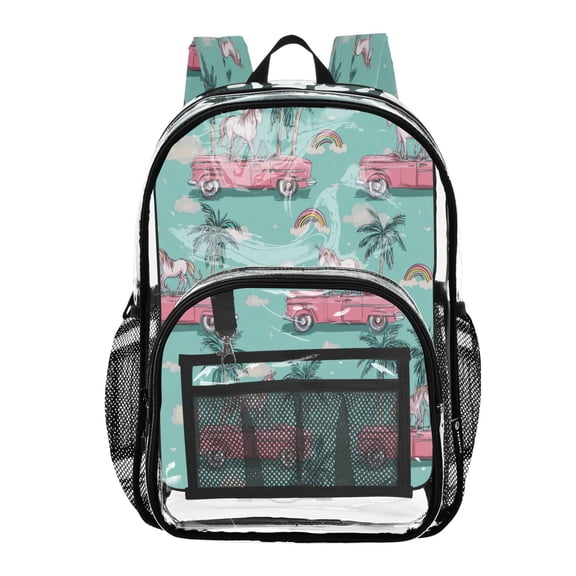 PVC Transparent Backpacks Clear Backpack for Travel and Outings Unicorns Riding in Cars