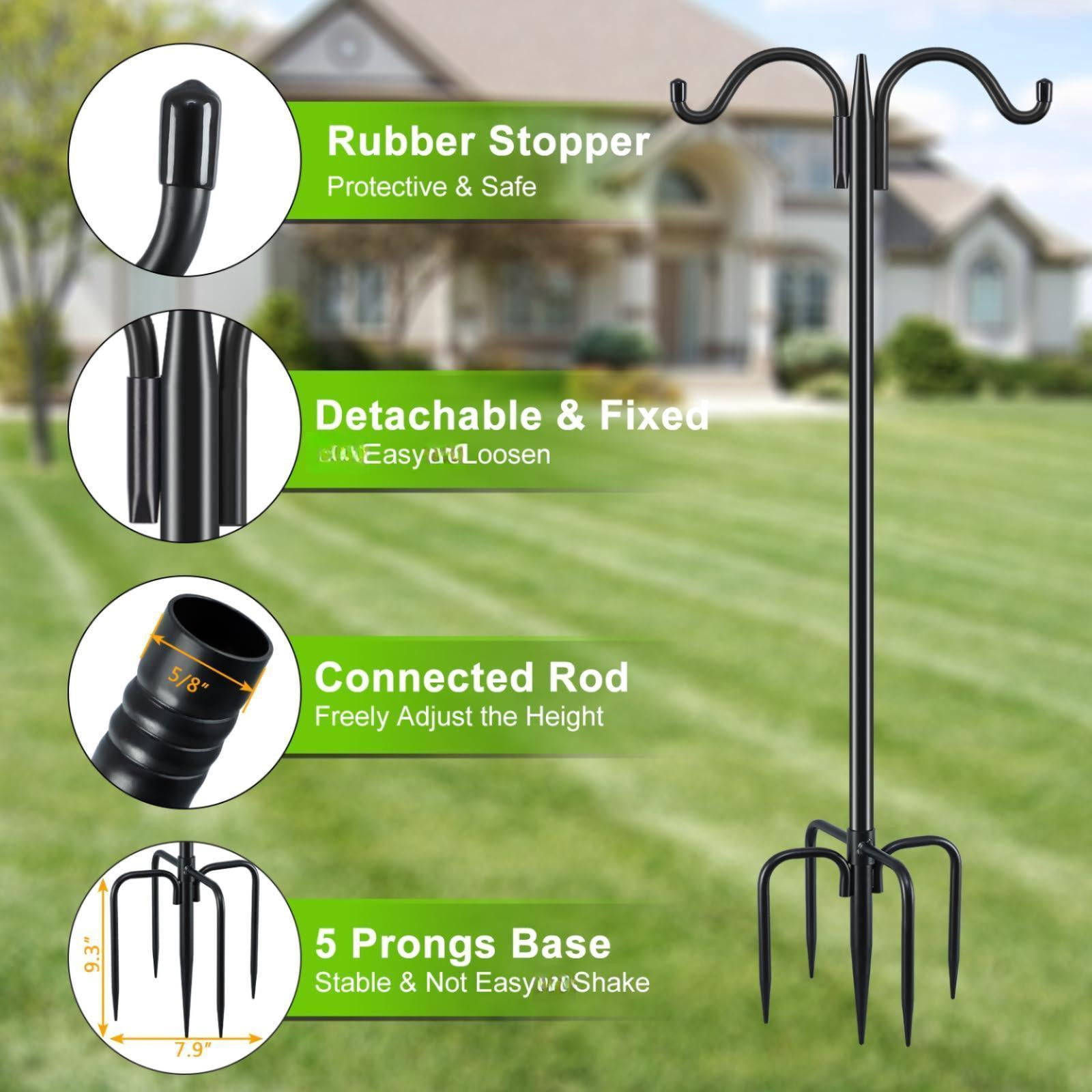Double Shepherds Hook For Outdoor  2 Pack 63 Inch Heavy Duty Bird Feeder Pole 5/8 Thick Garden Hooks Hanging Hummingbird Plant Baskets Solar Light Lanterns