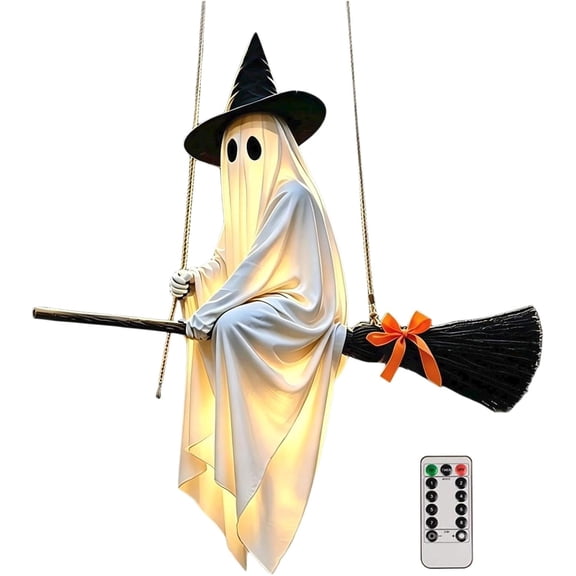 Halloween Flying Ghost On Broomstick Lighted Hanging, Cute Glowing Witch Hat Halloween Ornament, Warm LED Glow Halloween Decor, Weatherproof Pendant for Front Porch, Yard, Patio & Indoor Use