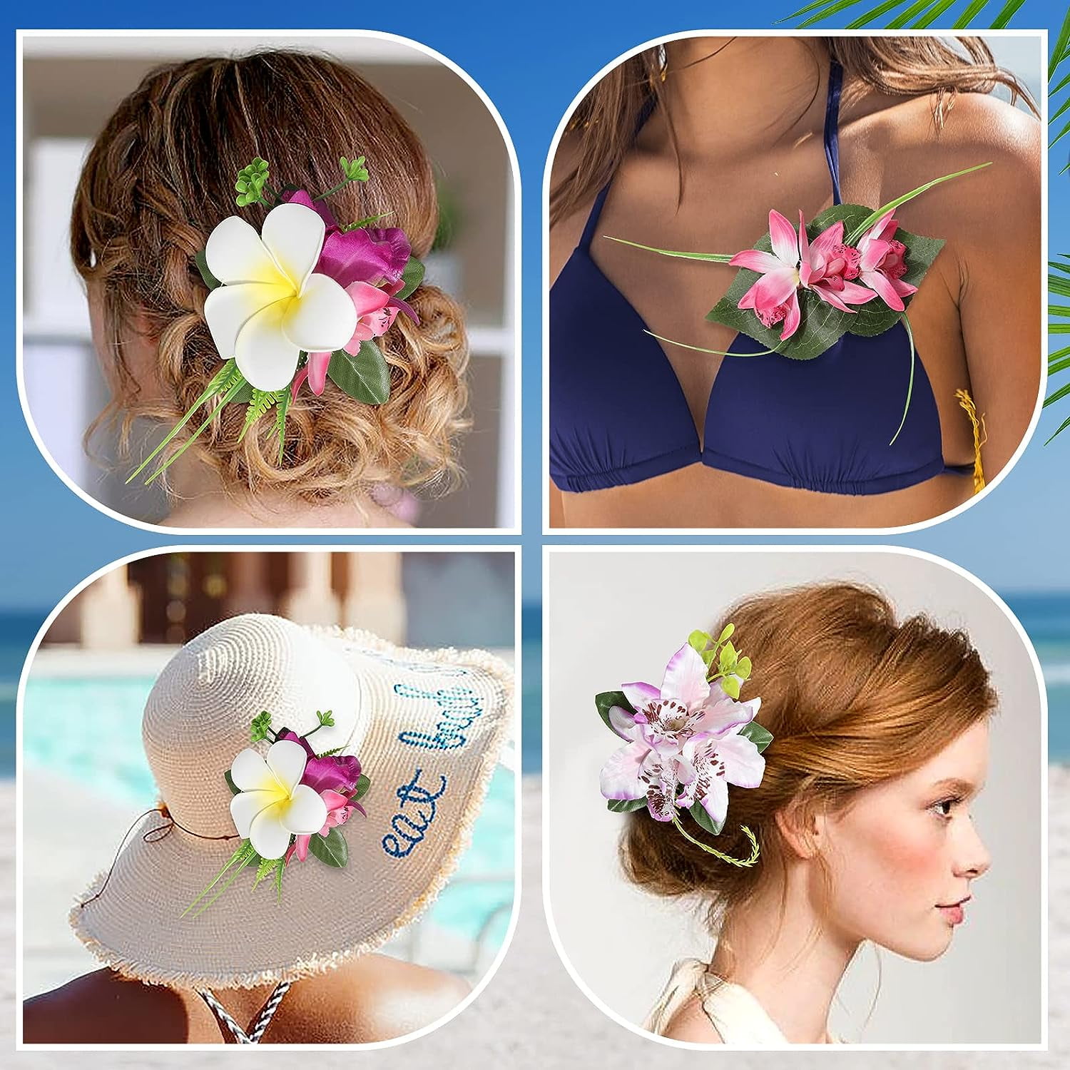 Hawaiian Flower Hair Accessories - 3 Pieces Artificial Tropical Flower Hair Pins, Large Hair Pieces for Women (White, Pink, Purple)