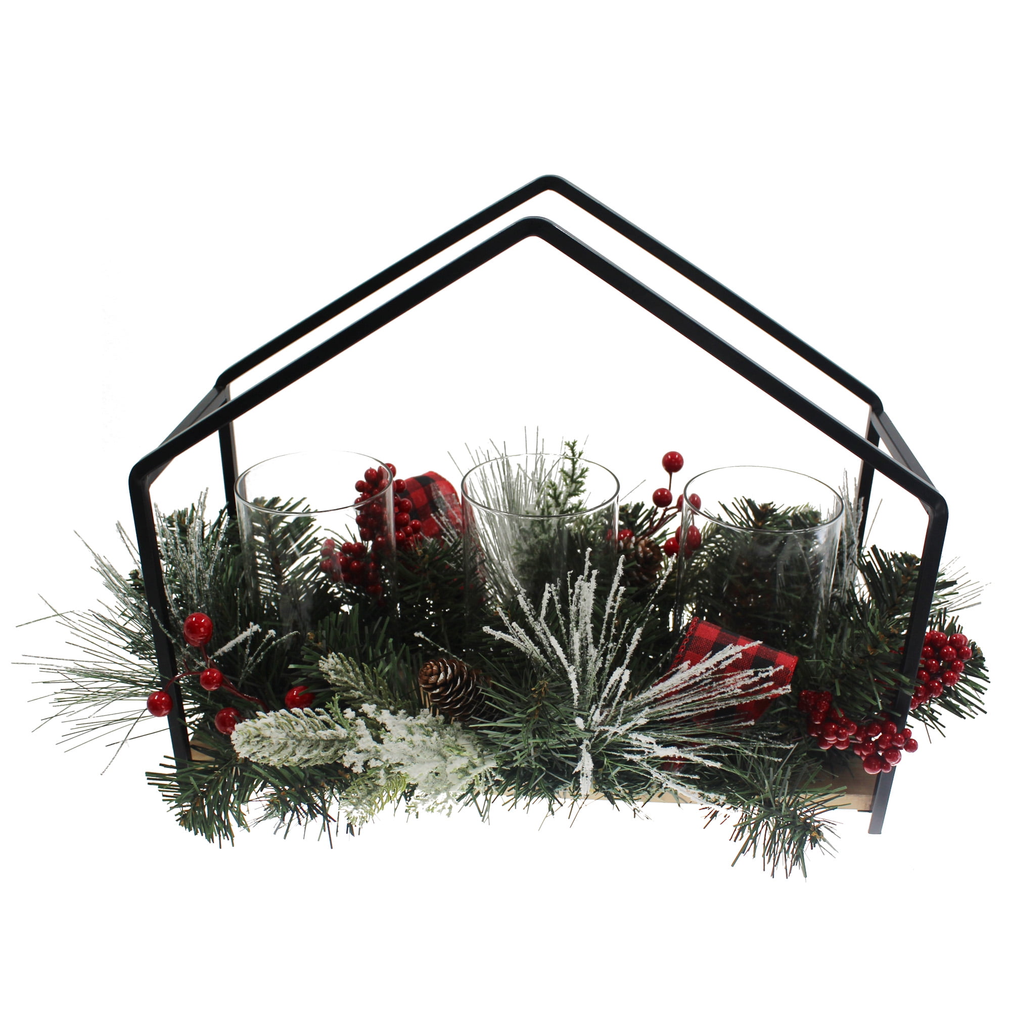 Holiday Time Christmas Ribbon Orbs & Pine Hurricane Centerpiece, Black &  White 