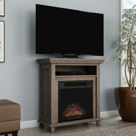 Electric Fireplace TV Stand for 32-Inch TVs – Console with Shelf, Faux Logs, and LED Flames – Heats Rooms up to 400-Square-Feet by Northwest (Gray)
