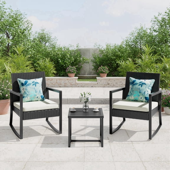 JORVIMAX Patio Conversation Set Outdoor Furniture Set Porch Bistro Set Rocking Chairs With Coffee Table Beige