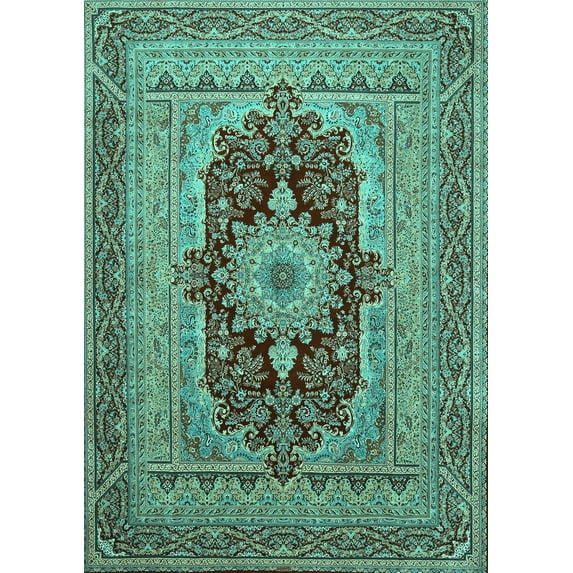 Ahgly Company Indoor Rectangle Medallion Turquoise Blue Traditional Area Rugs, 8' x 12'