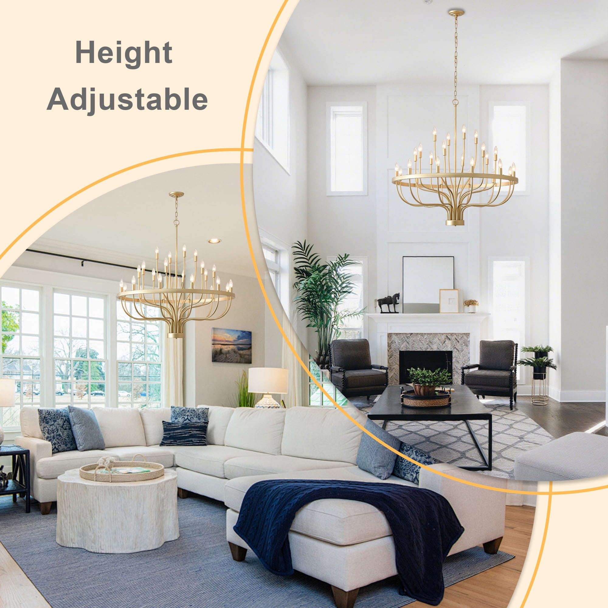 24 Lights Gold Chandelier Modern Farmhouse Pendant Lighting - Adjustable Height Antique Brass Ceiling Light for Dining Room, Foyer, Entryway, Living Room