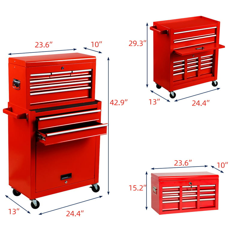 2-IN-1 Tool Chest & Cabinet, Large Capacity 8-Drawer Rolling Tool Box  Organizer with Wheels Lockable, Red 