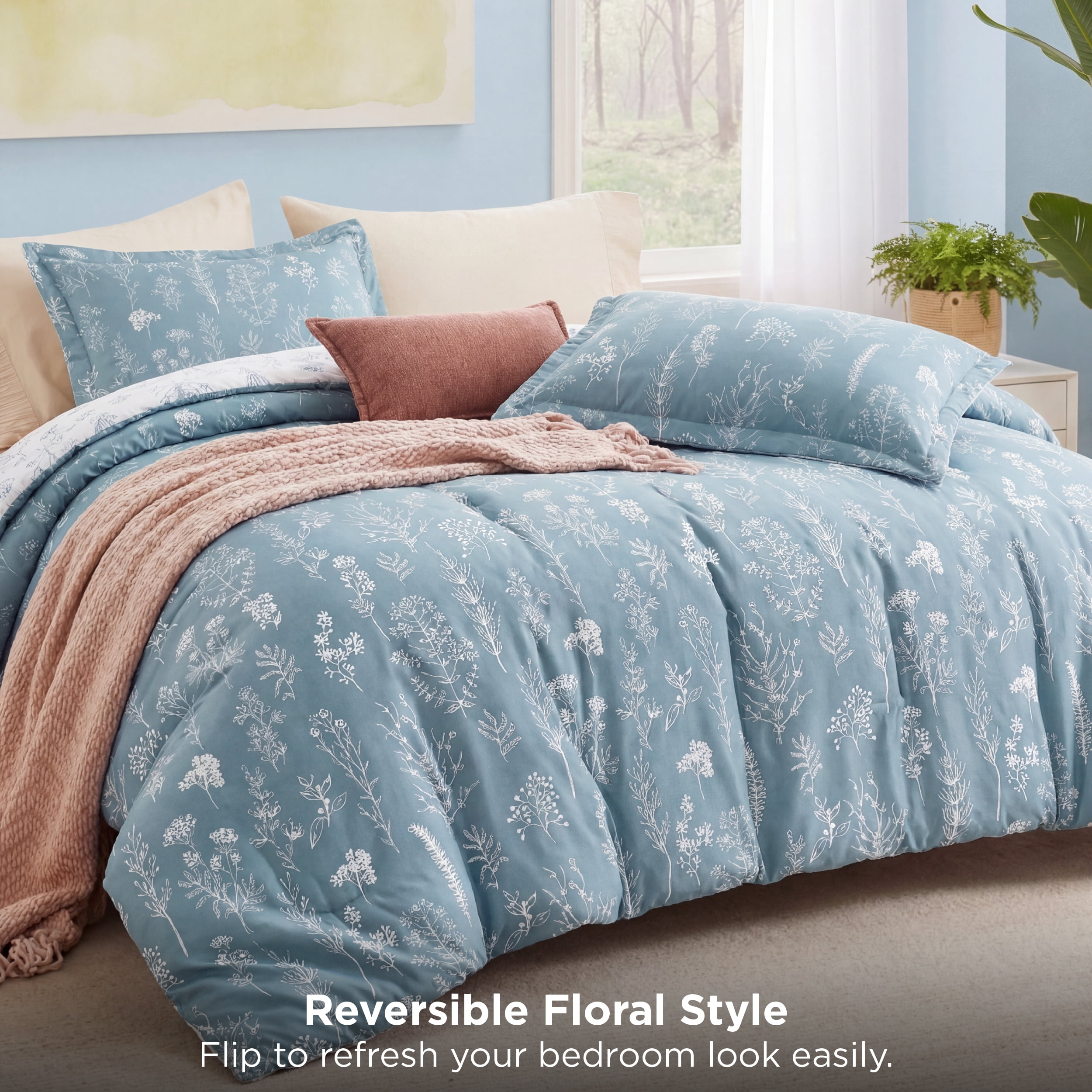 U by Bedsure 3 Pieces Blue Queen Size Comforter Sets, Cute Flowers Botanical Lightweight Soft Bedding Set with 2 Pillow Shams