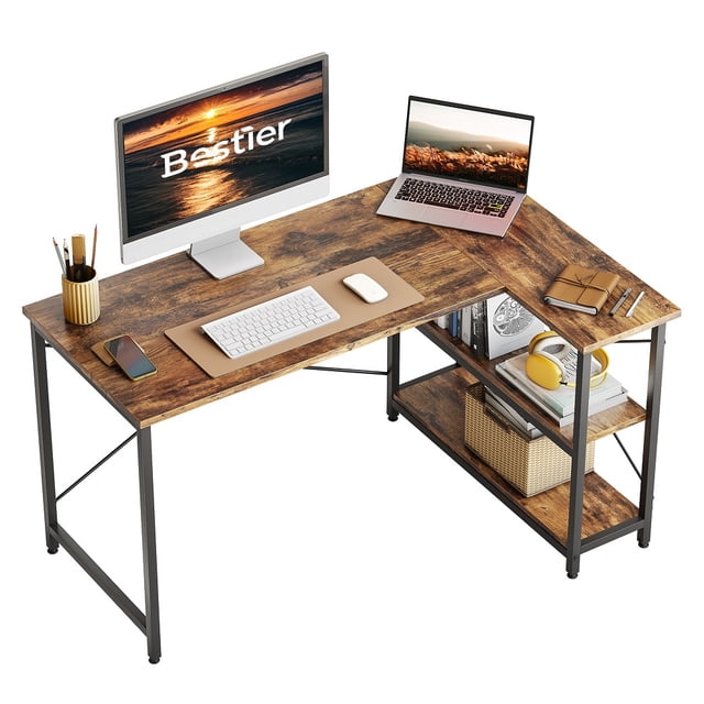 Bestier Petit Bureau en L avec Étagères de Rangement 47 Pouces Bureau d'Ordinateur d'Angle pour Bureau à Domicile Adultes