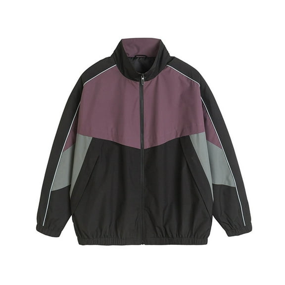 Donemore Men's Retro Sporty Casual Jacket with Stand Collar, Three-Tone Color Block Design and Zippered Pockets - Fashionable Urban Streetwear Outerwear