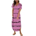 thumbnail image 1 of FAIWAD Robe Maxi pour Femmes Col en V Manches Courtes Robe d'Été Ample Fendue avec Poche Imprimé Rayé Décontractée, 1 of 6