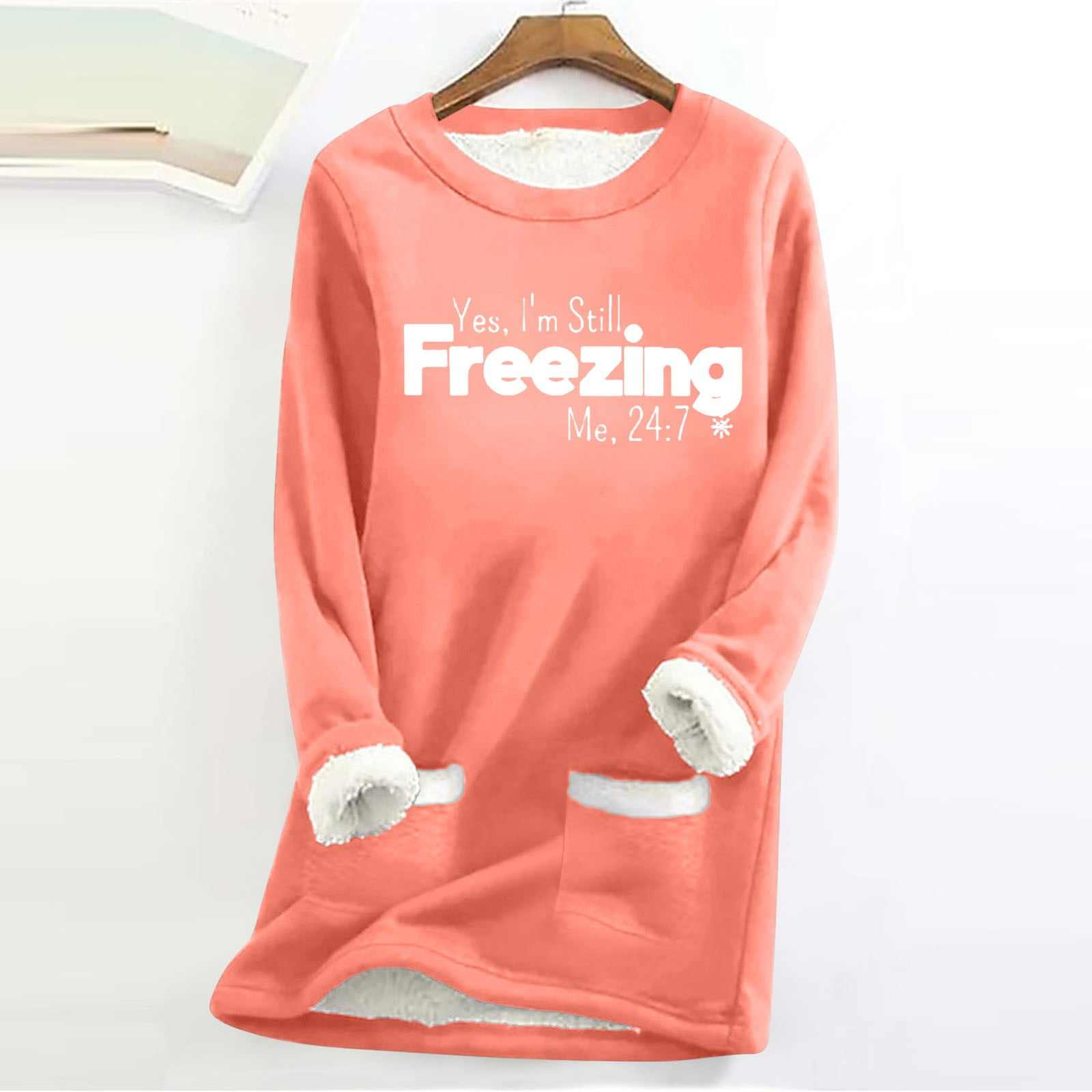 zanvin Yes I M Still Freezing Me 24 7 Sherpa Fleece Lined Sweatshirts Thermal Warm Loungewear Long Sleeve Crewneck Sweater with Pockets Clearance