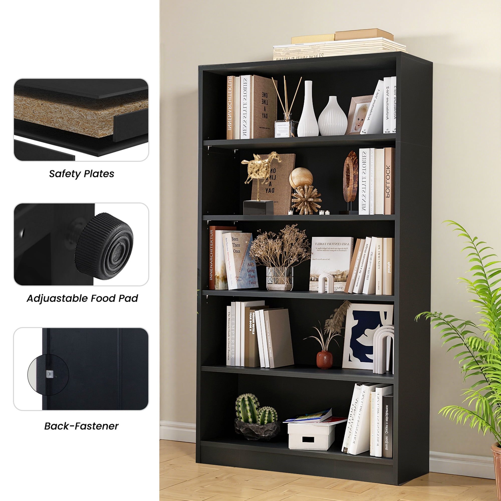 MAYEERTY Black 5-Shelf Modern Wood Bookcase, 60" Tall, for Bedroom, Living Room, and Manga Library