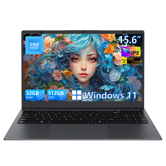 RNRUO 15.6" Laptop Computer, 32GB RAM 512GB SSD, Intel 6500Y, Type-C PD Dual 4K Output 1080p FHD Numeric Keypad, WiFi5 BT5.0 Office 2024 Windows 11 Laptop for Business, Student, Dark Gray