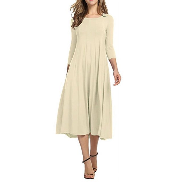 Generic 2025 Autumn New round Neck Half Sleeve Solid Color Wide Hem Dress
