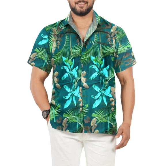 LA LEELA Men's Hawaiian Shirts Short Sleeve Button Down Shirt Men's Aloha Shirts Casual Holiday Summer Party Caribbean Shirts for Men Funny XL Tropical Leaves, Blue