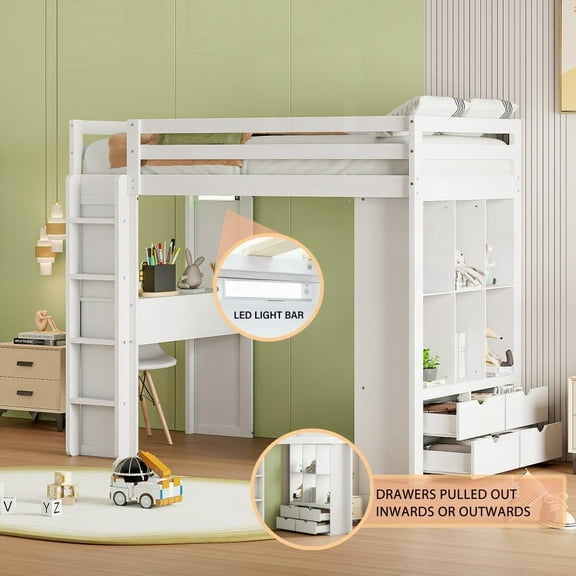 Loft Bed in Twin Size with Large Shelves, Writing Desk & LED Light - White