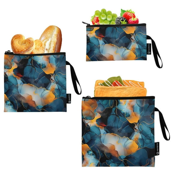 Dailycode Reusable Ziploc Bags Leakproof Sandwich Snack Freezer Bags Dark Blue and Orange Marble 3 pack
