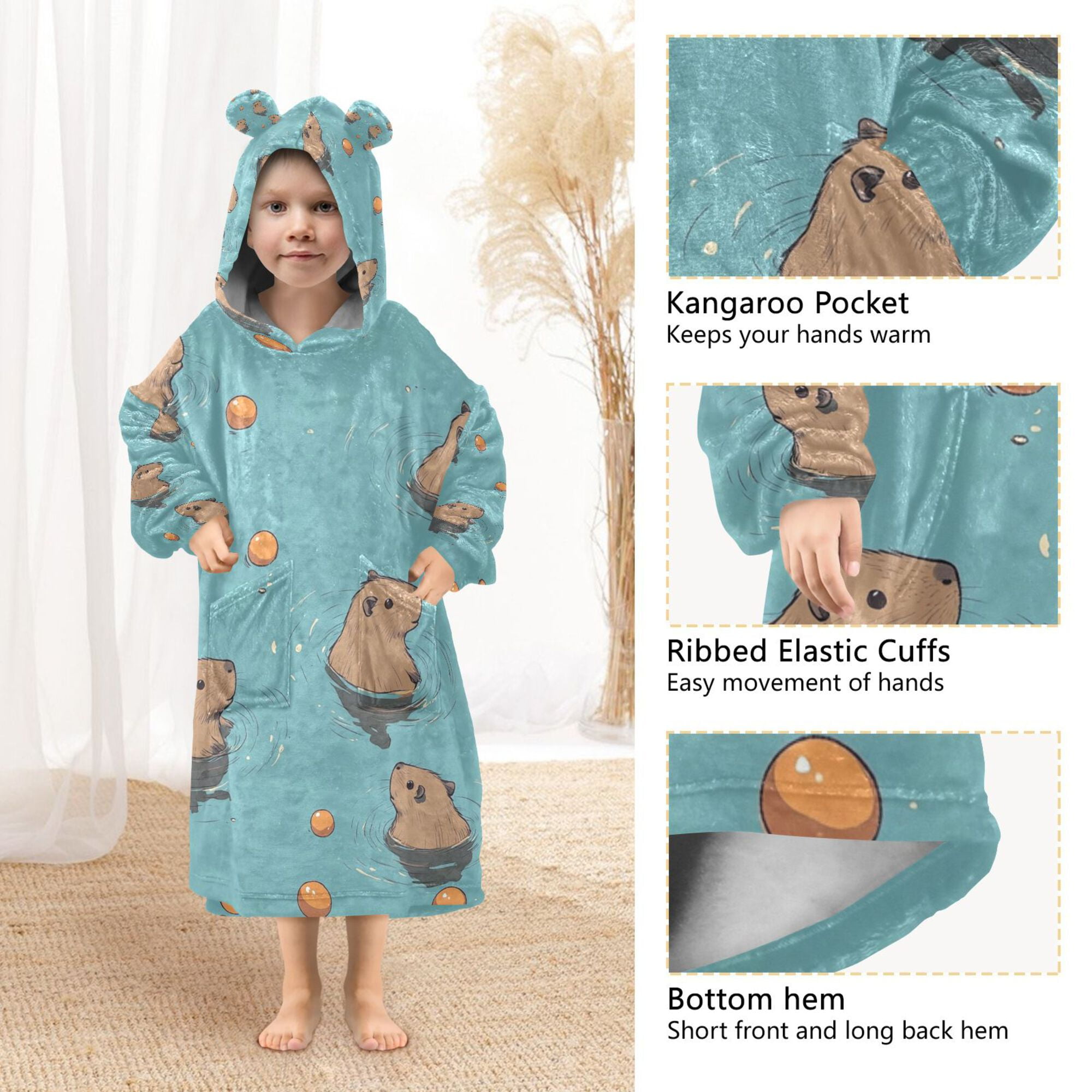 FORMRS Wearable Blanket Hoodie with Sleeves for Kids Cozy Flannel Sweatshirt, Cartoon Capybaras