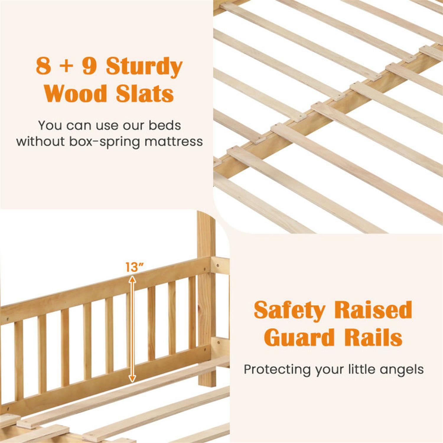 Demi Bonn Extendable House Bed Twin to King Daybed with Roof and Fence Rails, Modern Platform Bed Frames for Teens, Beige