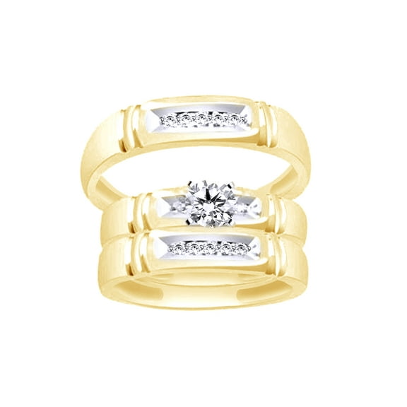 AFFY White Natural Diamond Accent Wedding & Engagement Trio Band Ring Set In 10k Yellow Gold (0.07 Cttw)