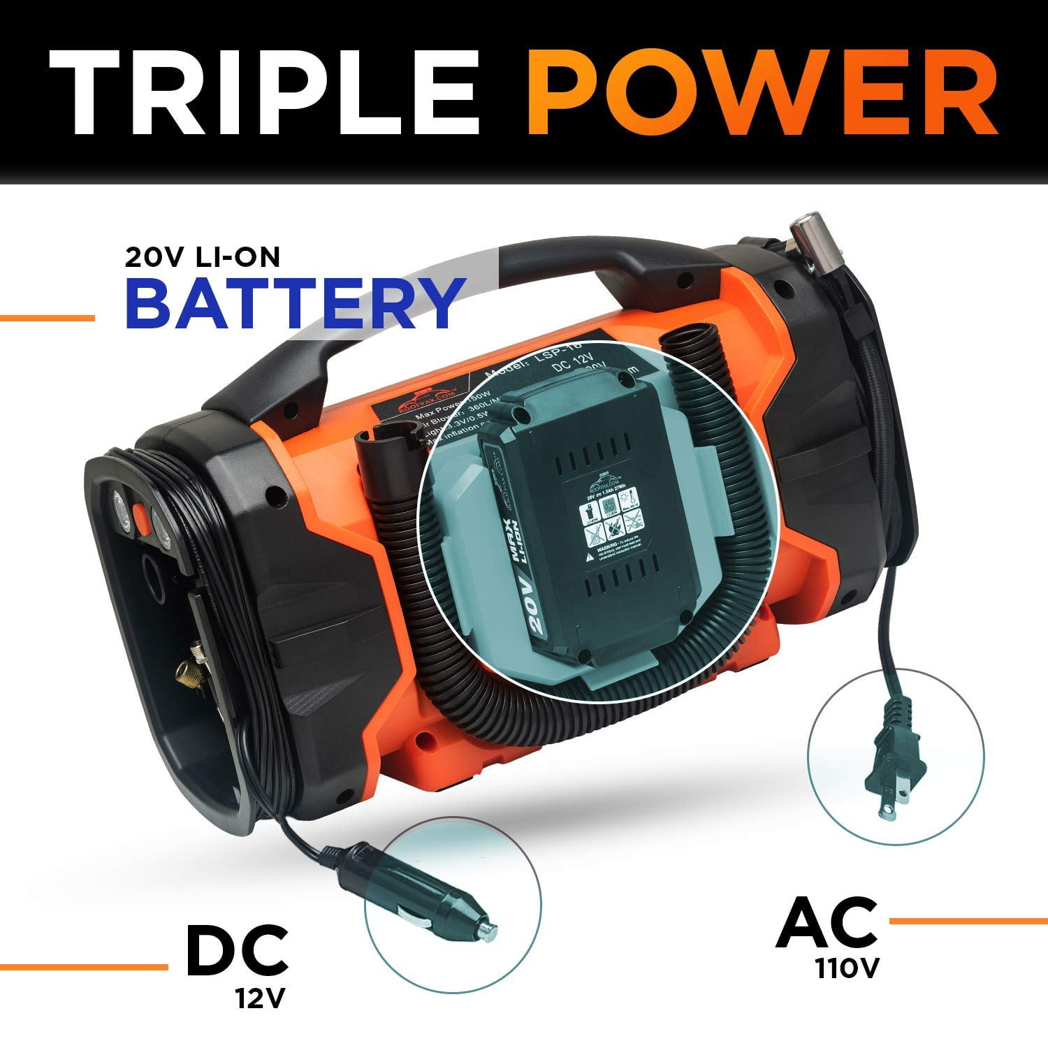 RoofPax Air Compressor for Car Tires - Tire Inflator with 3 Power Sources, AC DC and Battery, Heavy Duty Portable Design, Auto Electric Air Pump with Pressure Gauge for Cars, Bike Tires, Inflatables