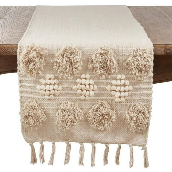 90 in. Pom Pom Moroccan Cotton Table Runner, Ivory