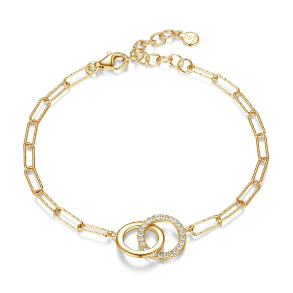 Cubic Zirconia Lined Double Circle Paper Clip Bracelet in 18K Gold over Sterling Silver Gift for Her, 6.75"   1.25" Extension
