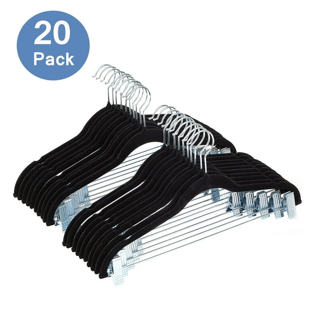 VECELO 20-Pack Velvet Clothes Hangers, 16.5in Heavy-Duty Hangers with Adjustable Clips, Non-Slip, Space-Saving, Black