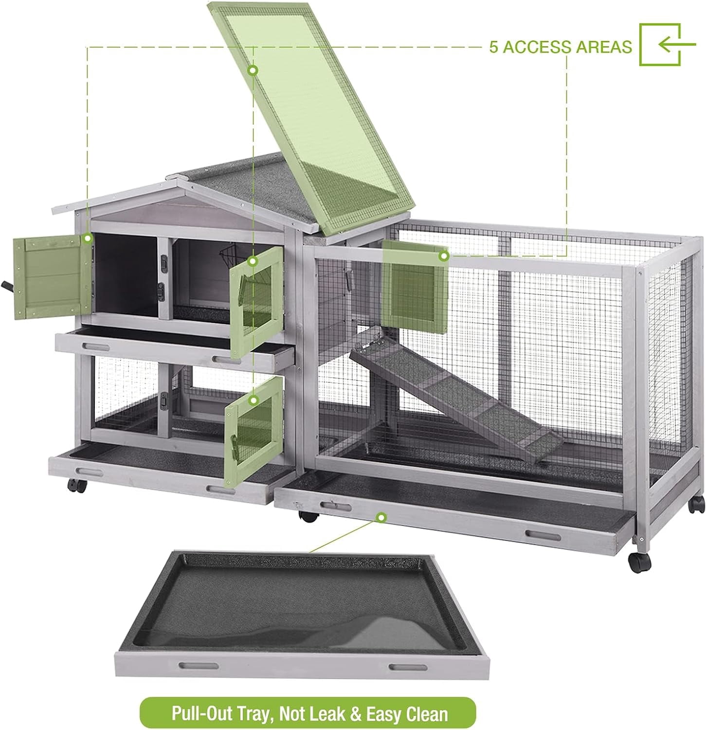 MEDEHOO Bunny Cage Indoor Outdoor Rabbit Hutch with Casters Waterproof Roof, Pull Out Tray from Back and Front, 61.2" L x 22.6" W x 33.5" H