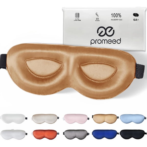 PROMEED Adjustable 23 Momme Mulberry Silk Sleep Mask, 3D Contoured No-Pressure Cup Eye Mask for Sleeping, Super Soft Breathable Blindfold, Perfect Blocks Light for Sleeping (Gold)