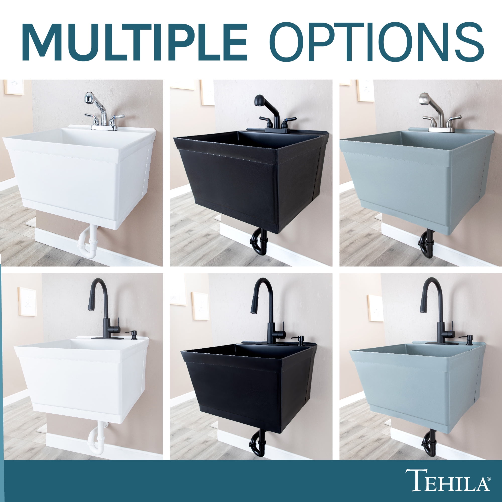 Tehila Wall Mounted Gray Utility Sink with Stainless Finish Pull-out Faucet