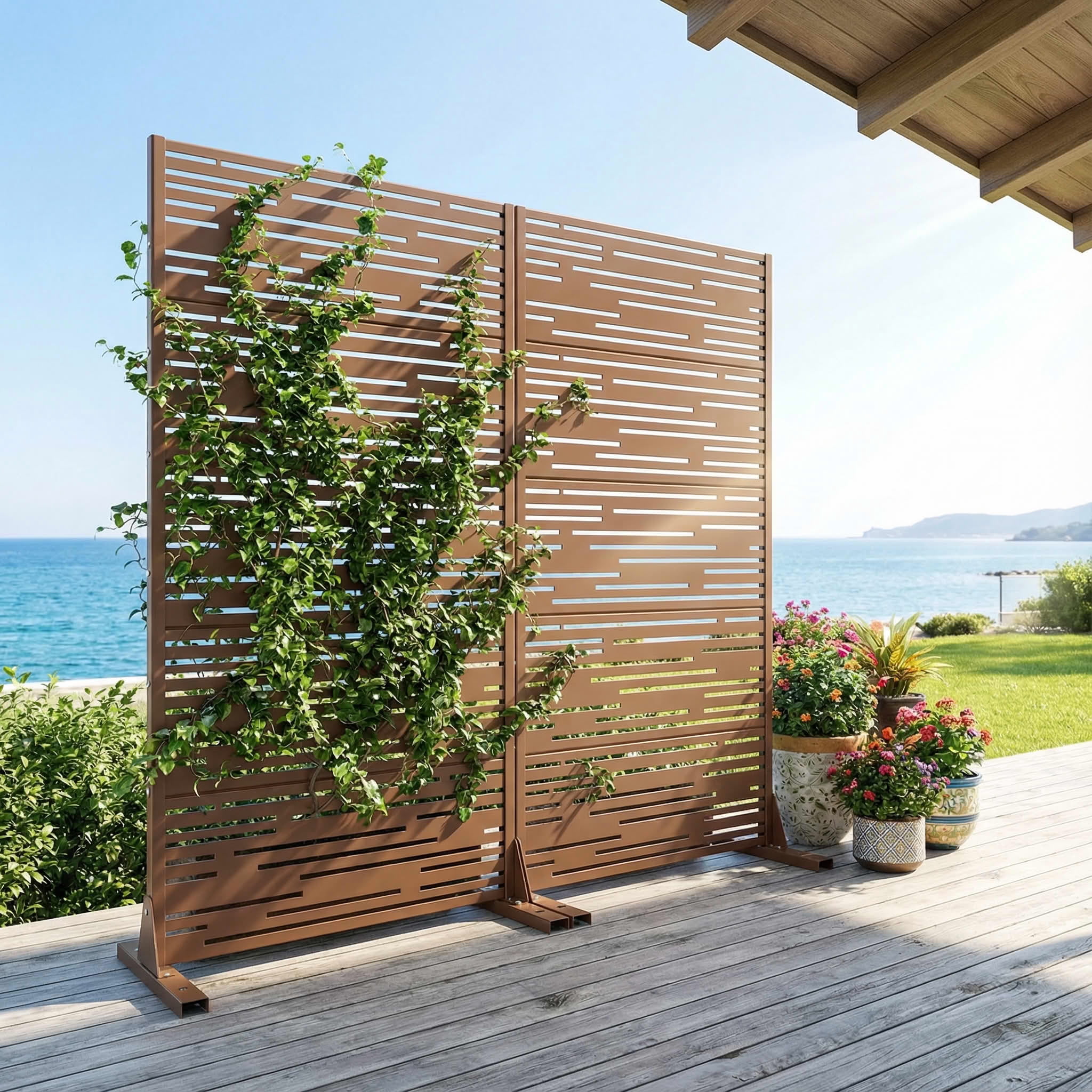 MAYEERTY 2-Piece Outdoor Metal Privacy Screen 5ft Brown, 5-Panel Light & Shadow Pattern, Rust-Resistant for Garden