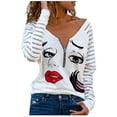 thumbnail image 2 of ICHUANYI Clearance Fashion Women's V-Neck Zipper Long Sleeve Print Casual T- Shirt Blouse Tops(White, XL) ICHUANYI WER2023081400600, 2 of 7