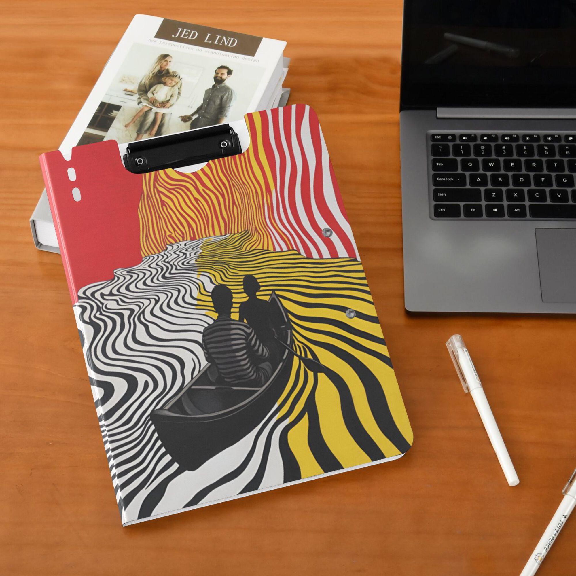 FORMRS A4 Clipboard Folder with Pen Holder Horizontal Foldable School Office Binder, Abstract Boat