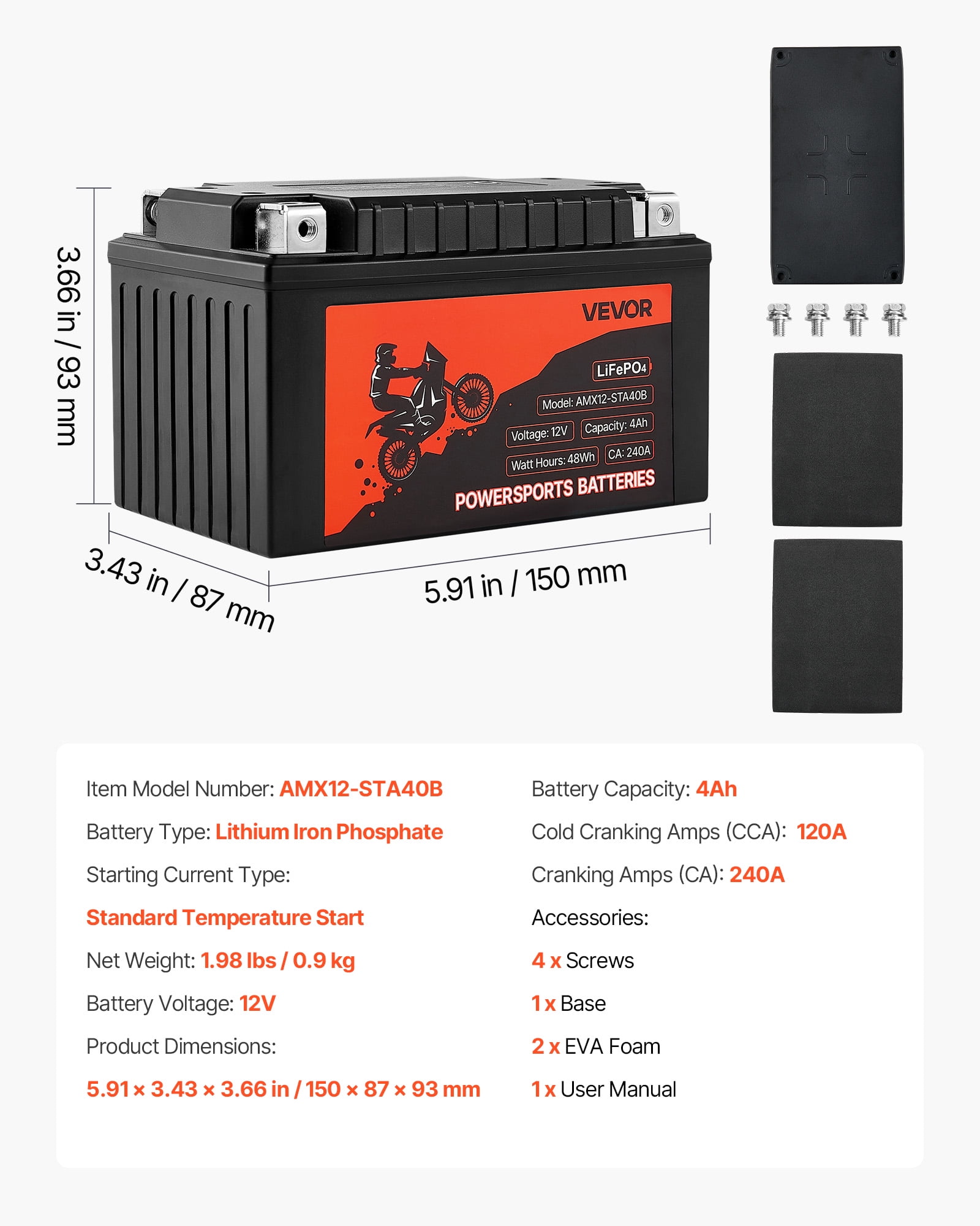 VEVOR Motorcycle Battery, 12 Volt 4Ah, LiFePO4 Lithium Pre-Charged Powersports Battery, Maintenance Free & High Performance, Compatible with ATV, Motorcycle, Jet Skis, Scooter, UTV, and More