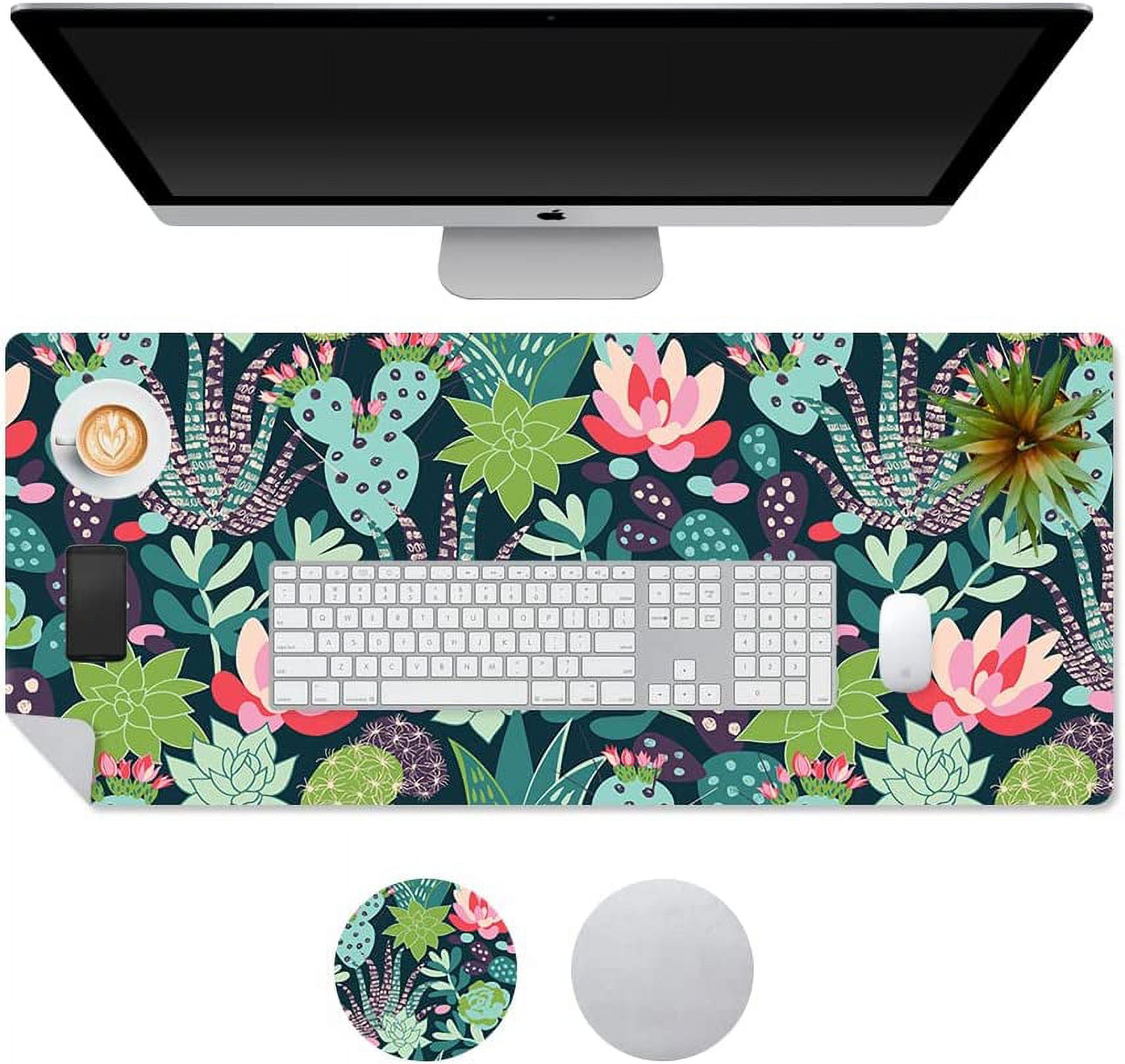 PU Leather Desk Pad, Waterproof Cute Desk Mat, Double Sided Computer Gaming XXL Mouse Pad, Green Large Desk Protector, Succulent Cacti Home Office Décor Mousepad 31.5" x 15.7" - Cactus Flowers