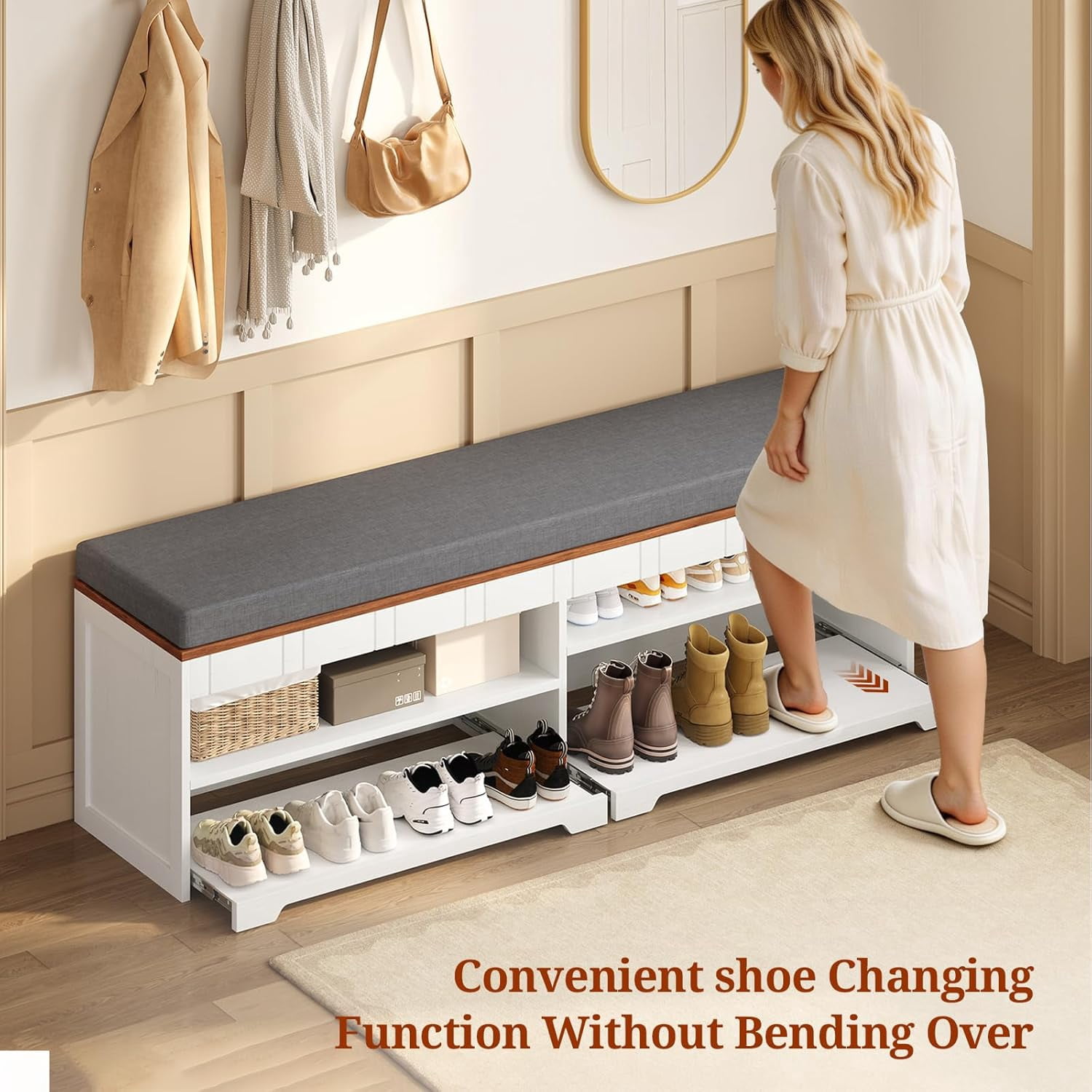 60" Farmhouse 2-Tier Storage Bench, Shoe Bench With Pull-Out Shoe Rack Organizer, Lift-Top Storage And Adjustable Shelf, Entryway Bench & End Of Bed For Entryway, Bedroom, Living Room, White