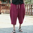 thumbnail image 4 of Dezsed Mens Capri Long Shorts Harem Pants Men's Casual Slim Sports Pants Calf-Length Linen Trousers Baggy Harem Pants Wine Red 4XL, 4 of 5