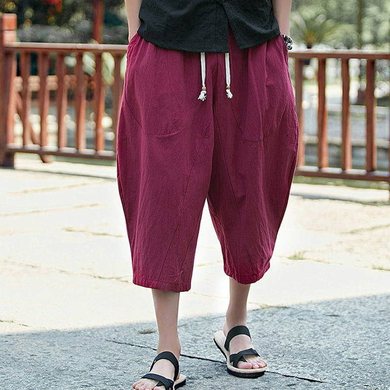 qucoqpe Men's Baggy Linen Capri Pants, Fashion Cotton Lined Harem