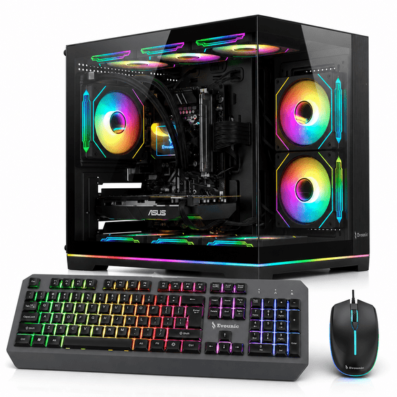 Evounic Liquid Cooled Gaming PC – AMD Ryzen 7 5800X up to 4.6GHz, NVIDIA RTX 5060, 32GB RAM, 1TB NVMe SSD, WiFi 6, Bluetooth 5.4, 9× ARGB Fans, Windows 11 Pro, RGB Keyboard & Mouse, 650W Power Supply