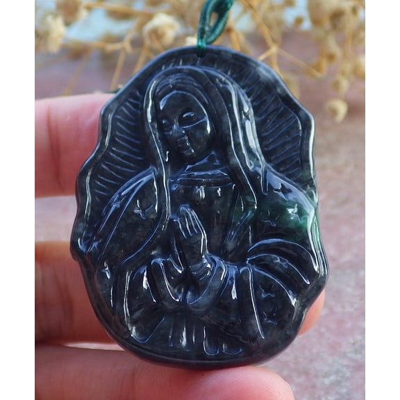 Black Green Natural A Jade jadeite pendant Virgin Mary Necklace 678927 TN