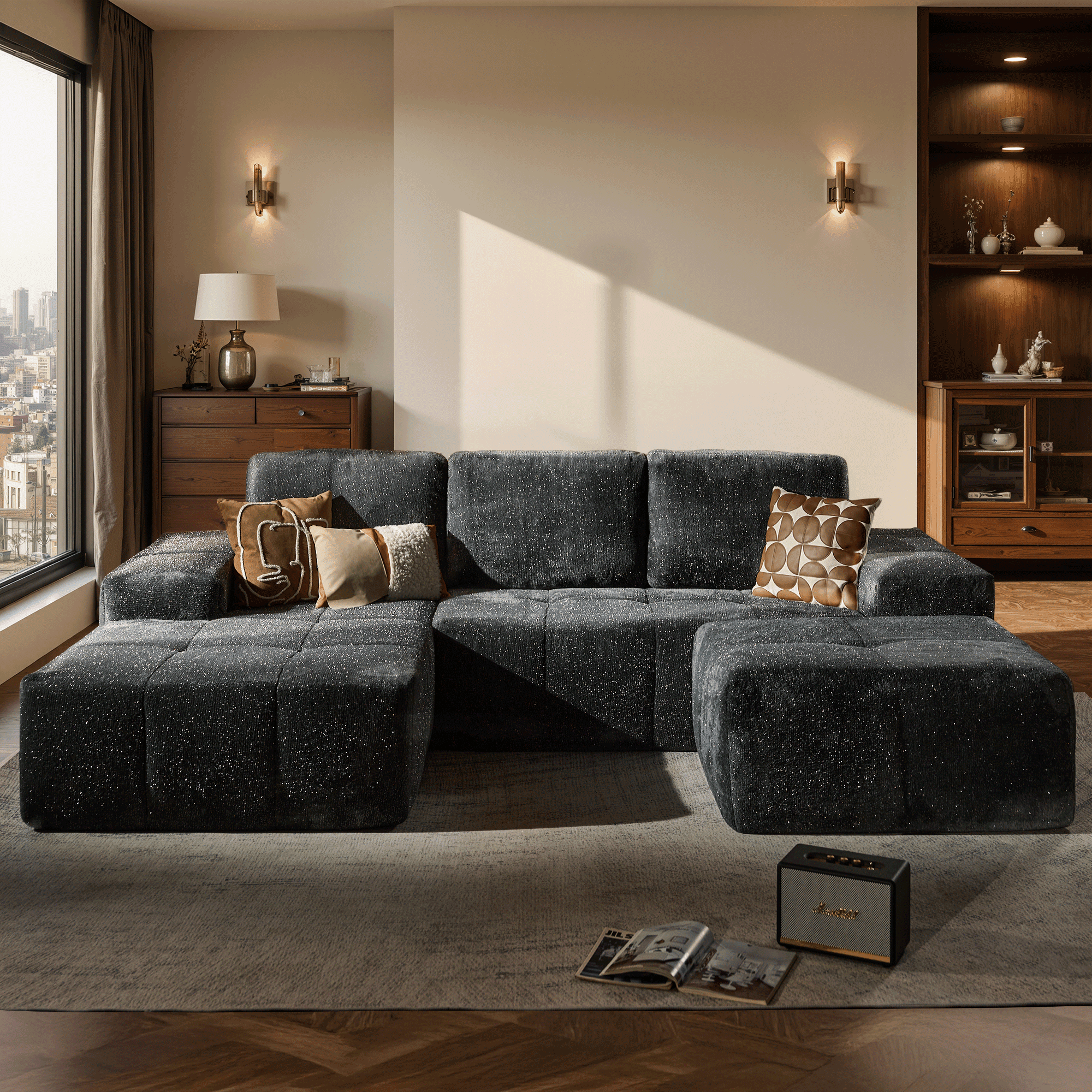 Ovios 114" U-Shaped Sectional Sofa with Ottoman Modern Modular Cloud Couch with Deep Seating for Living Room , No Assembly Required, Gray(Starry Sky)