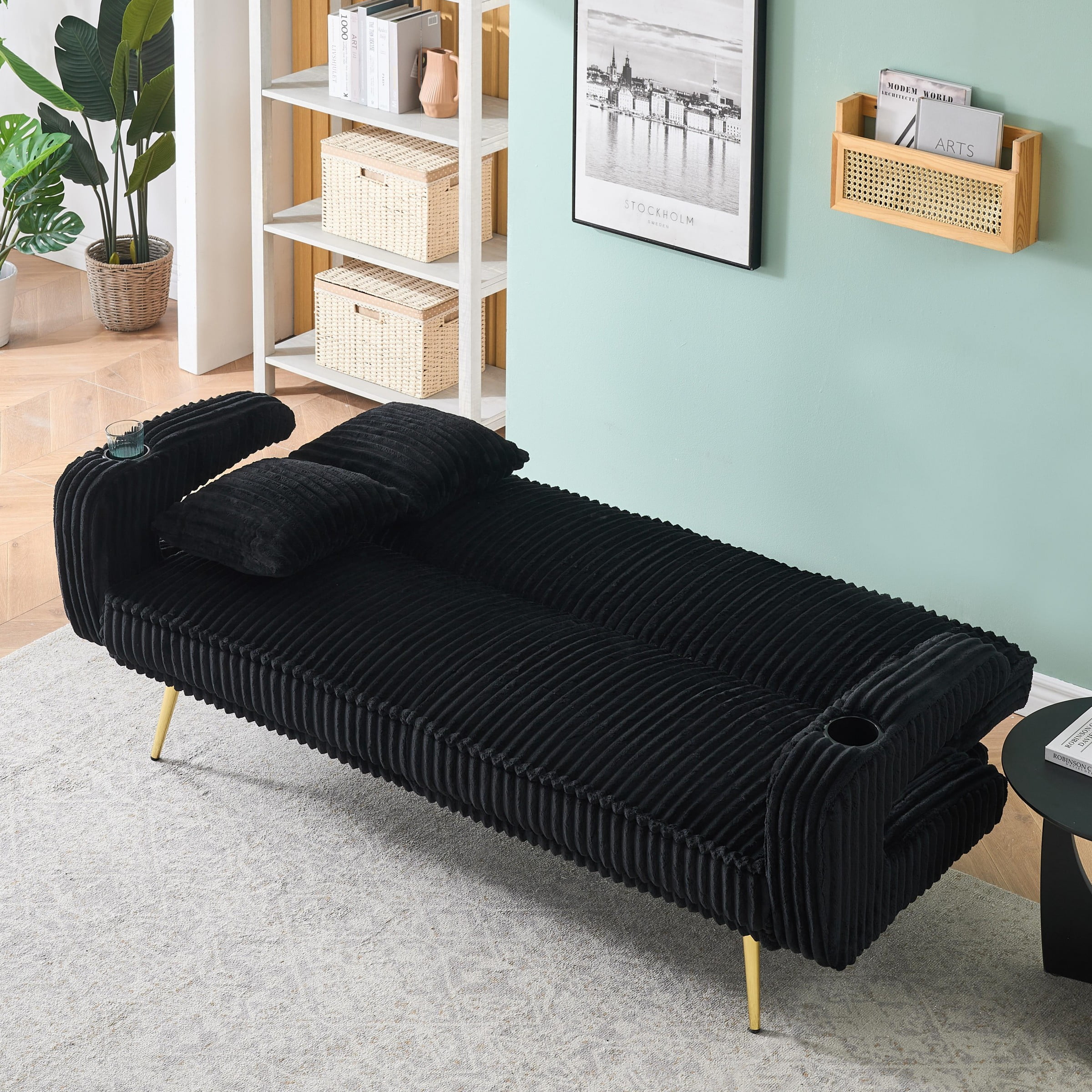 Corduroy Futon Sofa Bed with Pillows,74 inch Modern Convertible Loveseat Sleeper Bed with Adjustable Backrest for Living Room,Black
