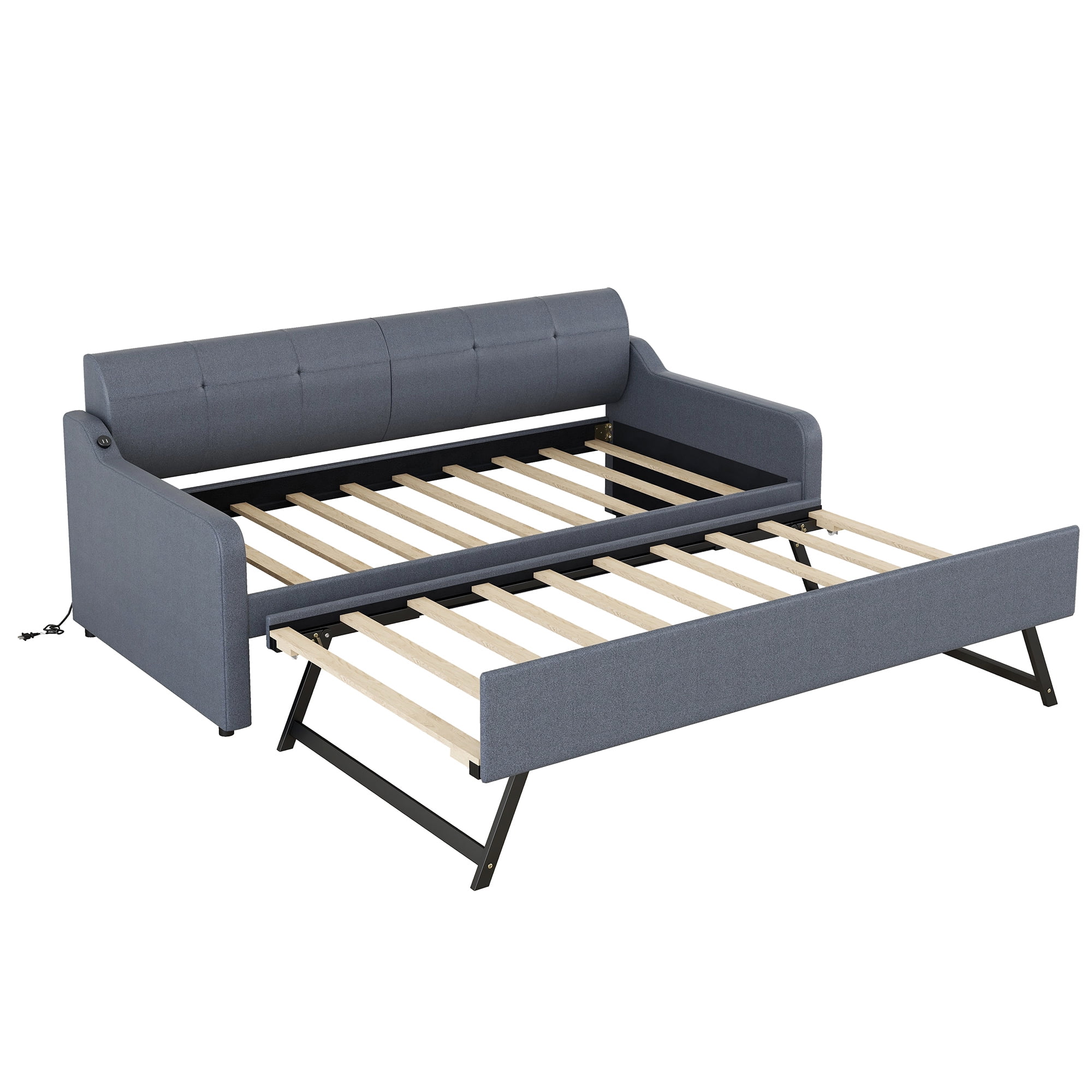 EUROCO Wood Twin Size Daybed with Trundle, Solid Wood Sofa Bed with USB Charging for Kids Teens Adults, Gray