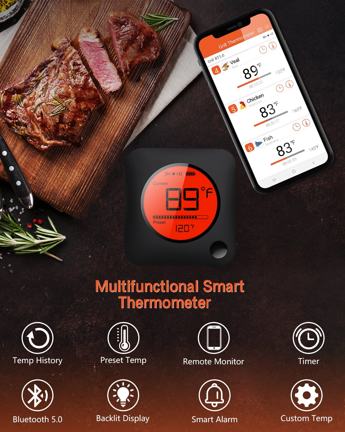 Armeator Wireless Meat Thermometer, 932°F High-Temperature Grilling for  Open Fire, 229FT Smart Digital Bluetooth Meat Thermometer for Cooking, BBQ,  Smoker, Oven Meat Probe for Remote Monitor with APP 