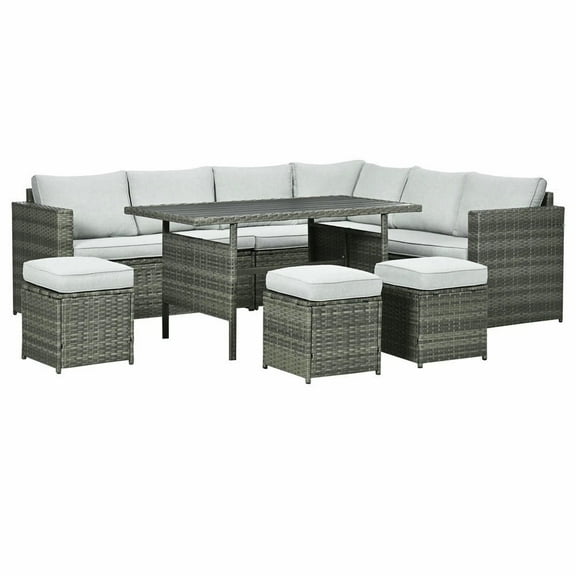 GVN Outdoor Seating Sets,Garden Conversation Sets,7 Piece Outdoor Dining Sectional Sofa with Dining Table and Chair, Storage Loveseat, Ottomans and Cushions, Mixed Gray