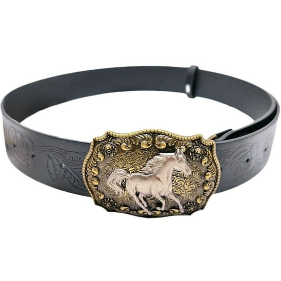 Cowboy Buckle Belt Western Leather Horse Head Buckle Peony Pattern Belt for Men Women Engraved Floral Horse Belt for Jeans