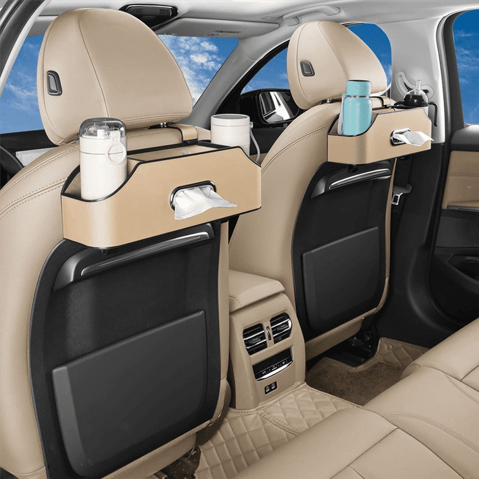 Car Headrest Backseat Organizer with 2 Drink Cup Holder, Cell Phone Holders, Hooks and Tissue Box Accessories - Beige